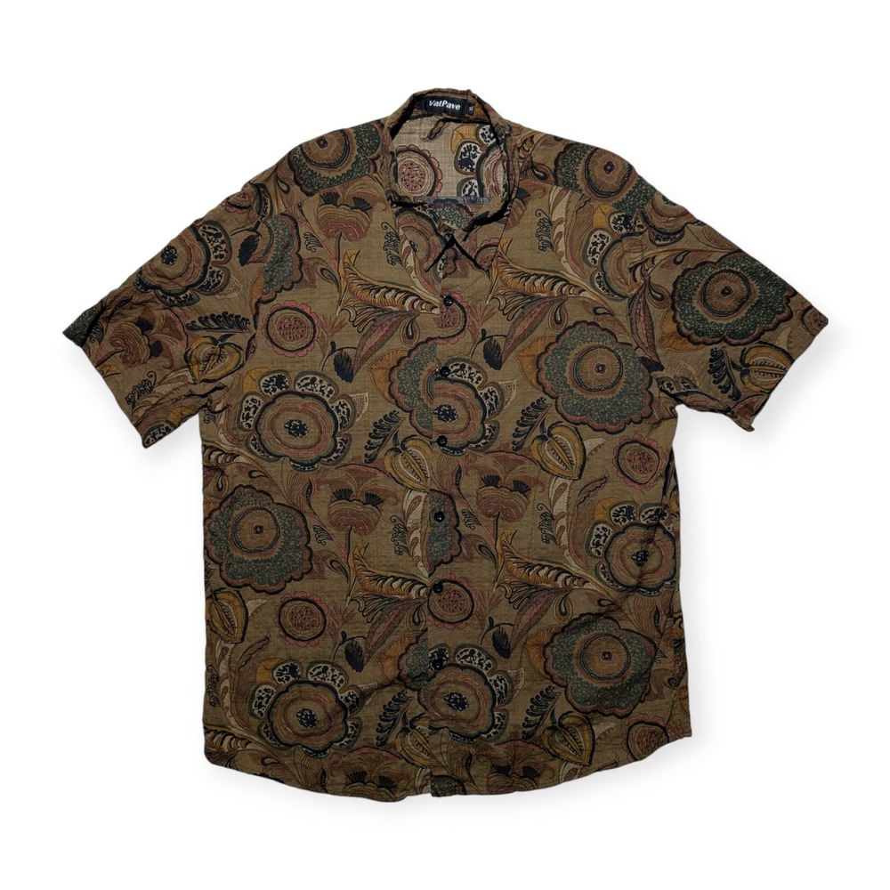 Vintage 90s Abstract Floral Print Short Sleeve Shirt Brown‎ Earth Tones Art L